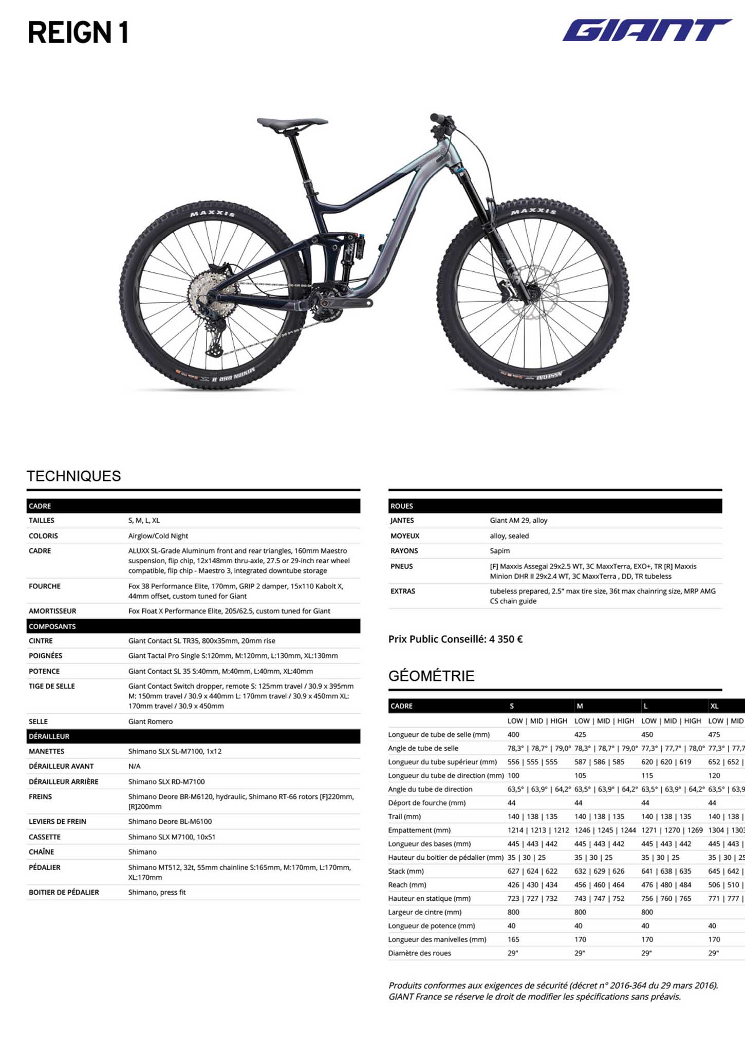 Fiche technique du velo Reign 1 année 2023